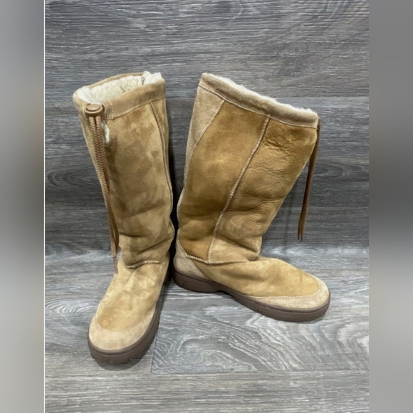 UGG vintage brown tan leather tall Drawatring boots sheepskin Platform Sherpa 9 - Picture 6 of 12